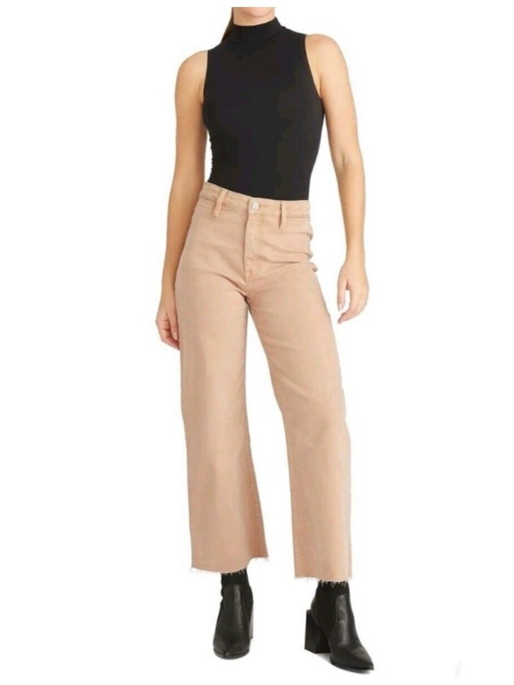 NWT Vigoss Alanis Tan Wideleg Highrise Stretch Frayed Hem Jeans 31